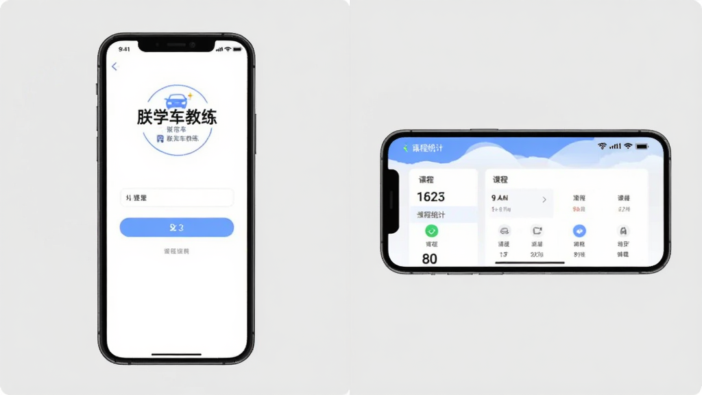 一张分屏图片,左侧是手机竖屏显示“朕学车教练”的登录界面,右侧是手机横屏显示课程统计界面。背景为纯色浅灰,突出屏幕内容。布局为左右对称,风格为UI展示图,画质清晰,无多余元素。