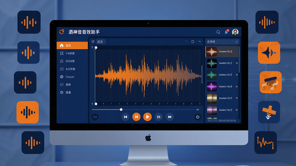 主体:酒神音效助手软件主界面展示,电脑屏幕显示音效波形编辑页面,周围环绕各种音效图标。布局:屏幕居中,左右两侧分布功能菜单栏和音效列表,下方有播放控制按钮。排版:界面分区清晰,色彩搭配以深蓝色和亮橙色为主,突出科技感与活力。风格:扁平化设计,现代简洁,细节丰富。画质:高清,干净,无多余元素。