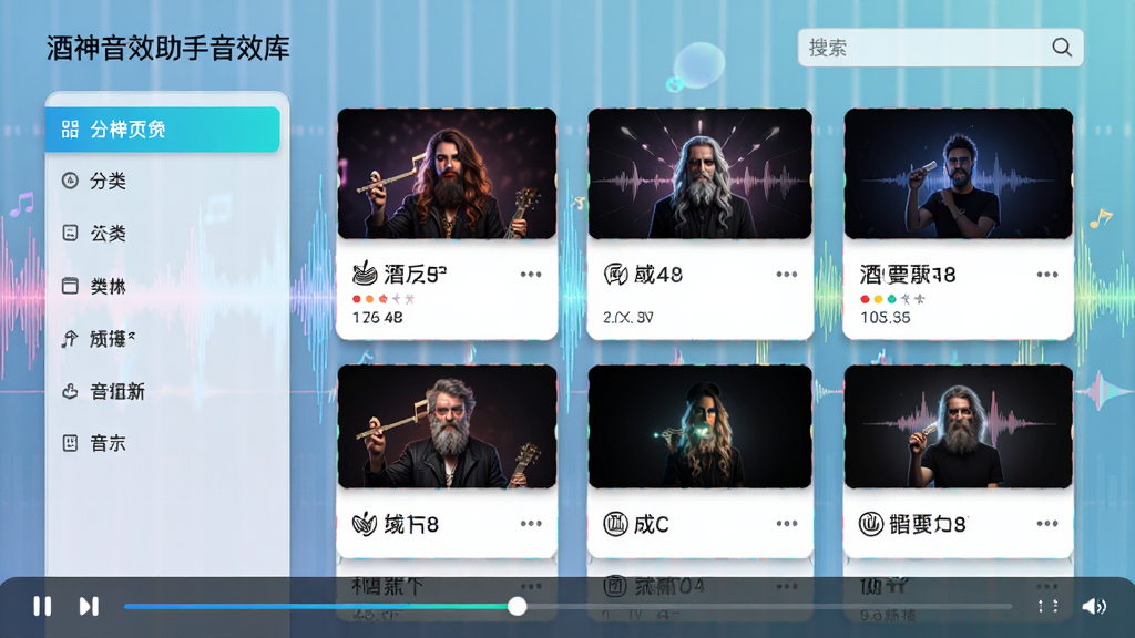 主体:酒神音效助手音效库页面,展示分类列表和搜索框,背景为音乐波形。布局:左侧为分类导航,右侧为音效卡片网格,底部为播放进度条。排版:信息层级分明,卡片整齐排列,色彩明亮。风格:清新简约,注重功能性。画质:高清,干净,无多余元素。