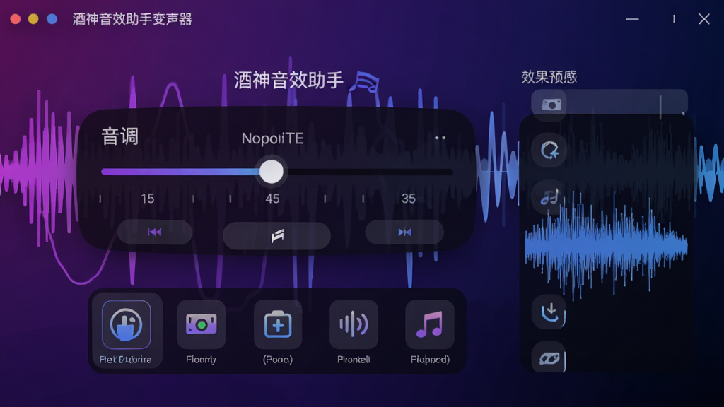 主体:酒神音效助手变声器功能界面,显示音调调节滑块和效果预设列表,背景为声波动态图。布局:中央为音调调节区域,下方为预设效果图标,右侧为实时预览波形。排版:简洁直观,操作按钮突出。风格:科技感,色彩为紫色和蓝色渐变。画质:高清,干净,无多余元素。