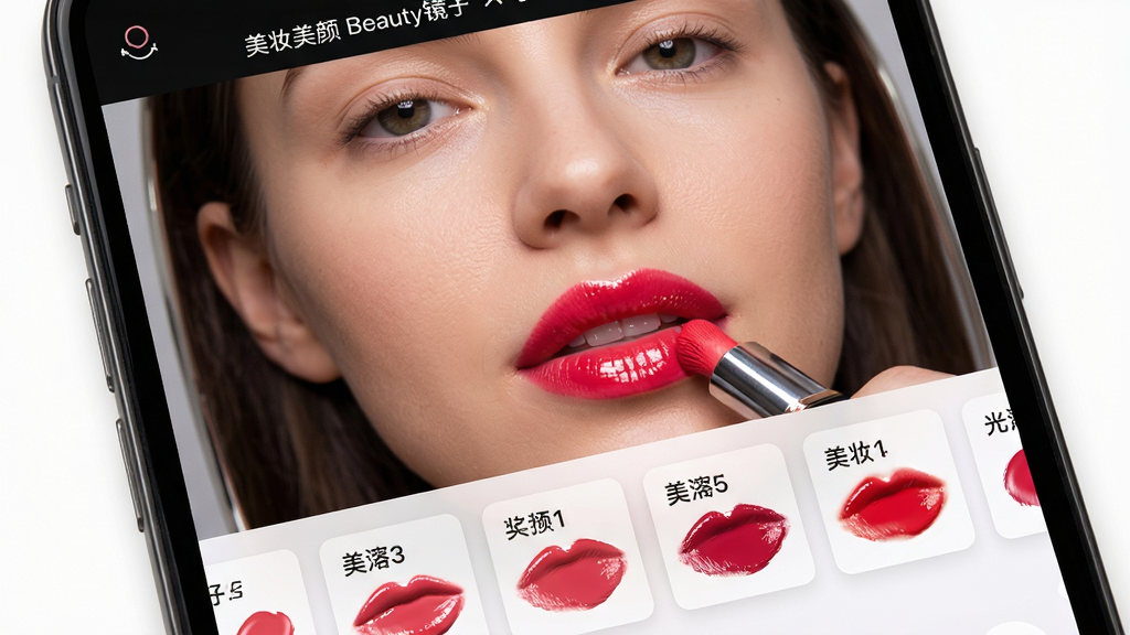 ���壺�ֻ���Ļ��ʾ����ױ����Beauty���ӡ���������ױ���棬һ�����յ���������ͿĨ�����޵Ŀں졣���֣��沿��дռ����Ļ��Ҫλ�ã���Ļ�·���ɫ��ѡ�������Ű棺ɫ��ѡ�����Ժ�������Ŀ�Ƭ��ʽ���֣�ÿ�ſ�Ƭ��ʾɫ����������ɫ�����дʵ��UI��ϣ�������Ȼ��ϸ�ڣ��ں�ɫ�����촽�ϳ�����ʵ���ʸк͹�������߹����������ʣ�����������ɫ�ʱ��������洿�����޶���Ԫ�ء�