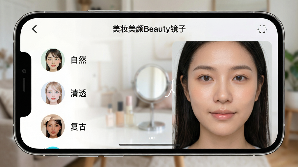 ���壺�ֻ���Ļ��д����Ļ���ǡ���ױ����Beauty���ӡ�App���˾�ѡ����档���֣���Ļ���У�����Ϊ�黯�����ڻ������Ű棺������������Ÿ����˾�Ч�����ƣ��硰��Ȼ��������͸���������š����Ҳ���ʵʱԤ�������������UI��Ʒ���ִ�����ƽ��ͼ���������Ķ���Ч����ϸ�ڣ��������л��˾�ʱ���ֲ�ͬ�ķ�ɫ���ʸУ���Ļ��Ե��ϸ��ĸ߹ⷴ�䡣���ʣ����壬ɫ��׼ȷ������ɾ����޶���Ԫ�ء�