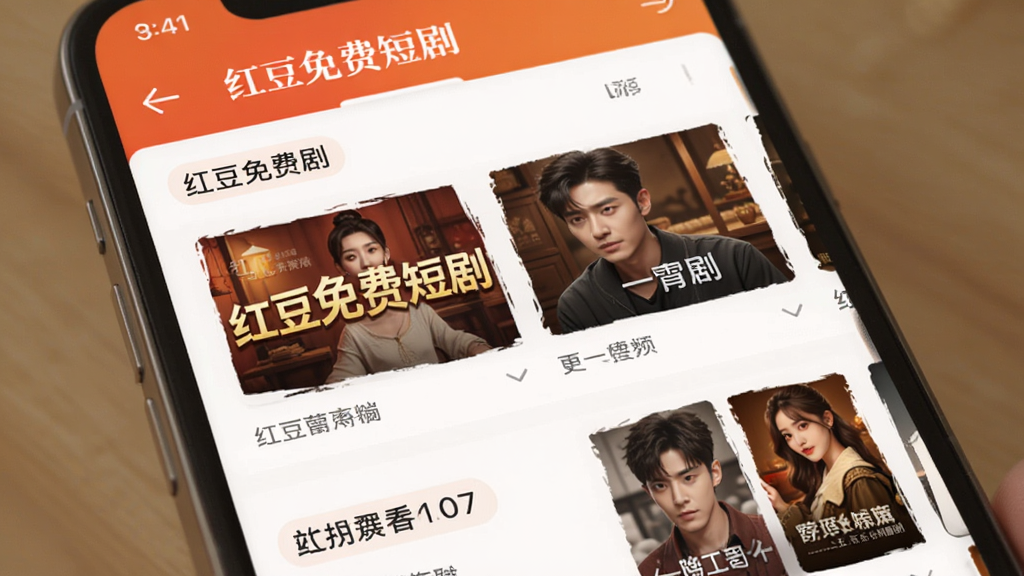 手机屏幕上展示“红豆免费短剧”的剧集列表页,列表项带有剧名和封面缩略图,背景为暖色系,界面布局清晰,文字可辨,画质细腻,干净无多余元素
