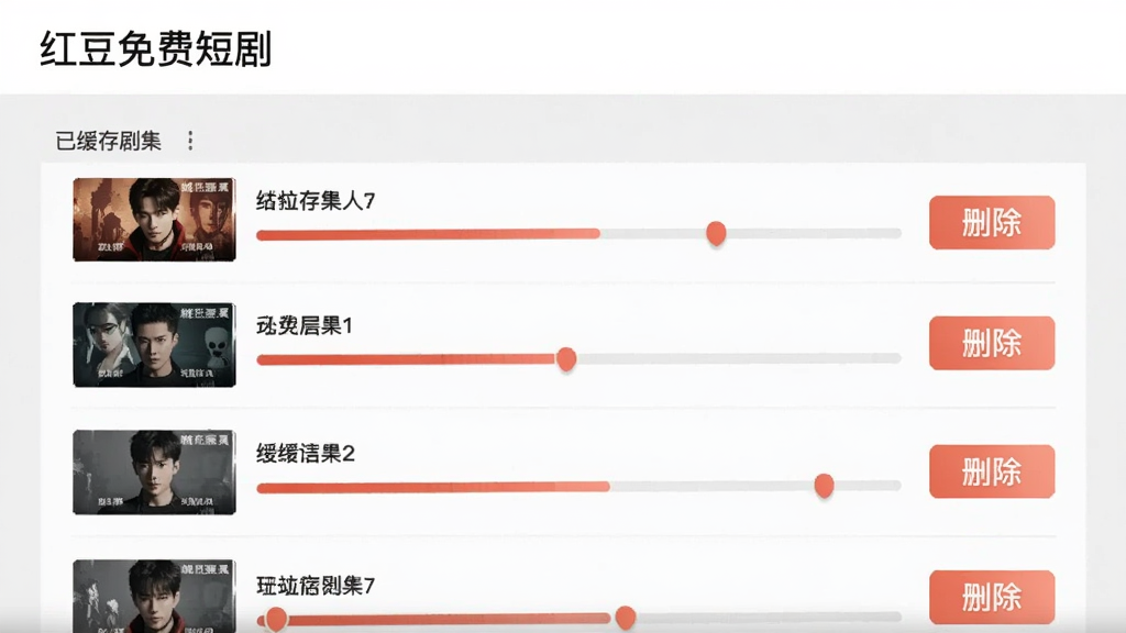 展示“红豆免费短剧”的缓存管理页面,页面中显示已缓存剧集列表,每个条目带有进度条和删除按钮,背景为浅灰色,界面简洁,画质干净,无多余元素