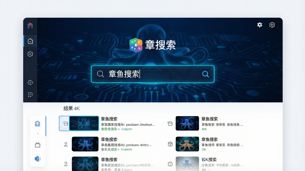 主体:章鱼搜索软件界面全屏展示,中央为搜索框,背景为深邃蓝色科技感壁纸,搜索框内输入“章鱼搜索”四个字。布局:界面居中对称,上方软件logo,下方结果列表整齐排列。排版:简洁现代,功能图标清晰。风格:科技感,扁平化设计,高对比度。细节:搜索框发光边框,结果列表缩略图清晰。画质:4k高清,干净,无多余元素。