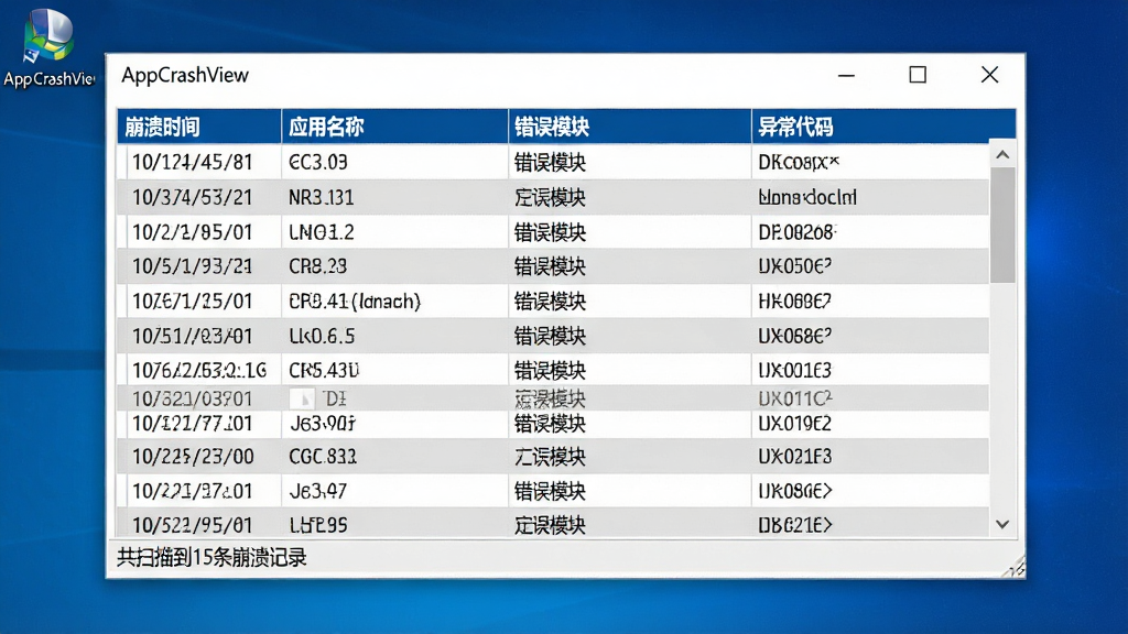 主体:AppCrashView软件主界面截图,展示一个清晰的表格,列标题为“崩溃时间”、“应用名称”、“错误模块”、“异常代码”。布局:界面窗口居中,背景为干净的Windows桌面,窗口内数据行整齐排列。排版:表格数据密集,表头背景色为深蓝色,文字为白色,数据行交替使用浅灰与白色。风格:写实截图风格,专业工具软件的典型界面。细节:窗口左上角显示软件名称“AppCrashView”,状态栏显示“共扫描到15条崩溃记录”。画质:高清,细节清晰,色彩真实,干净无多余元素。