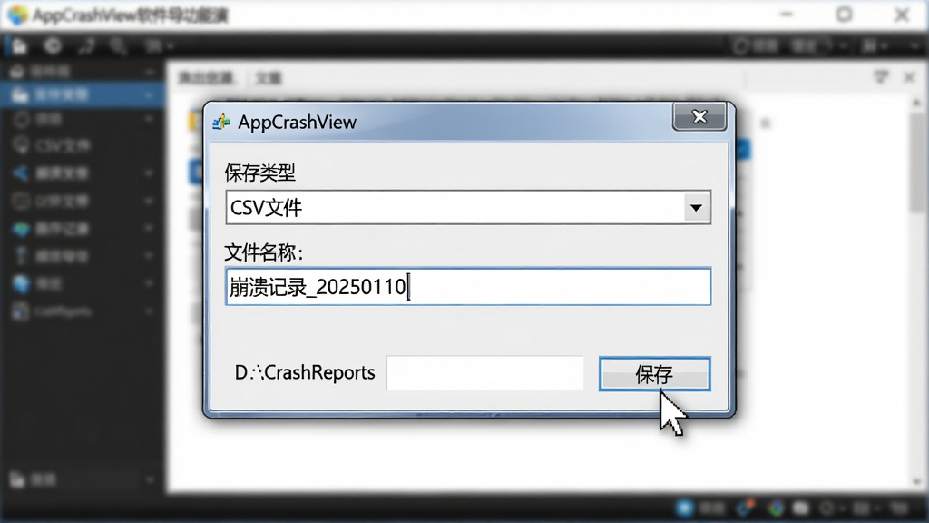 主体:AppCrashView软件导出功能演示,显示一个保存文件对话框。布局:对话框前景居中,背景为模糊的软件主界面。排版:保存类型下拉框显示“CSV文件”,文件名输入框显示“崩溃记录_20250110”。风格:写实截图风格,Windows经典对话框样式。细节:鼠标指针指向“保存”按钮,对话框中显示导出路径为“D:\CrashReports”。画质:高清,界面简洁,干净无多余元素。