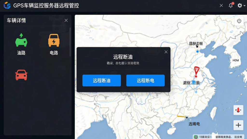 展示GPS车辆监控服务器远程管控功能的界面截图,画面左侧是车辆详情面板,显示油路与电路状态图标,右侧为地图上的目标车辆,屏幕上弹出一个确认操作对话框,显示“远程断油”与“远程断电”两个蓝色按钮,整体界面风格偏商务深色,按钮醒目,画质干净,无多余元素