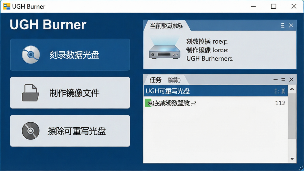 一张展示UGH Burner软件主界面的高清截图,界面风格简洁现代,左侧清晰列出“刻录数据光盘”、“制作镜像文件”、“擦除可重写光盘”等主要功能按钮,右侧为当前驱动器信息与任务状态窗口,整体布局规整,色彩以深蓝和浅灰为主,画质清晰,干净无多余元素,软件名称“UGH Burner”在界面左上角醒目展示。