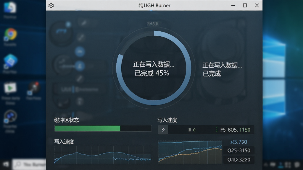 一张特写UGH Burner软件刻录过程的界面预览图,界面中央显示一个圆形进度环,旁边标注“正在写入数据... 已完成 45%”,下方有“缓冲区状态”、“写入速度”等实时数据监控图表,背景为模糊化的电脑桌面,整体色调冷静,突出软件运行时的专业与稳定感,画质细腻,无多余元素。