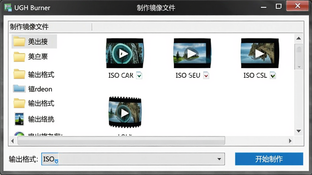 一张UGH Burner软件中“制作镜像文件”功能窗口的截图,窗口内显示文件选择列表,包含多个文件夹和视频文件,界面下方有“输出格式”下拉菜单,选中“ISO”选项,并有一个“开始制作”的蓝色按钮,整体界面清晰易懂,风格与主界面保持一致,画质干净,无多余元素。