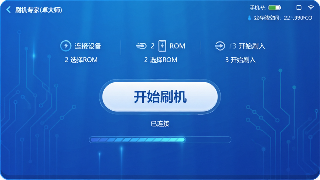 主体:刷机专家(卓大师)软件的一键刷机操作界面,中央有一个醒目的“开始刷机”按钮,下方显示设备状态“已连接”。布局:按钮居中,周围有步骤指示图标(1连接设备、2选择ROM、3开始刷入)。排版:步骤横向排列,按钮下方有进度条动画。风格:蓝色渐变背景,白色按钮,科技感强。细节:界面右上角显示手机电量与存储空间信息,整体干净整洁。画质:高清渲染,无多余元素。