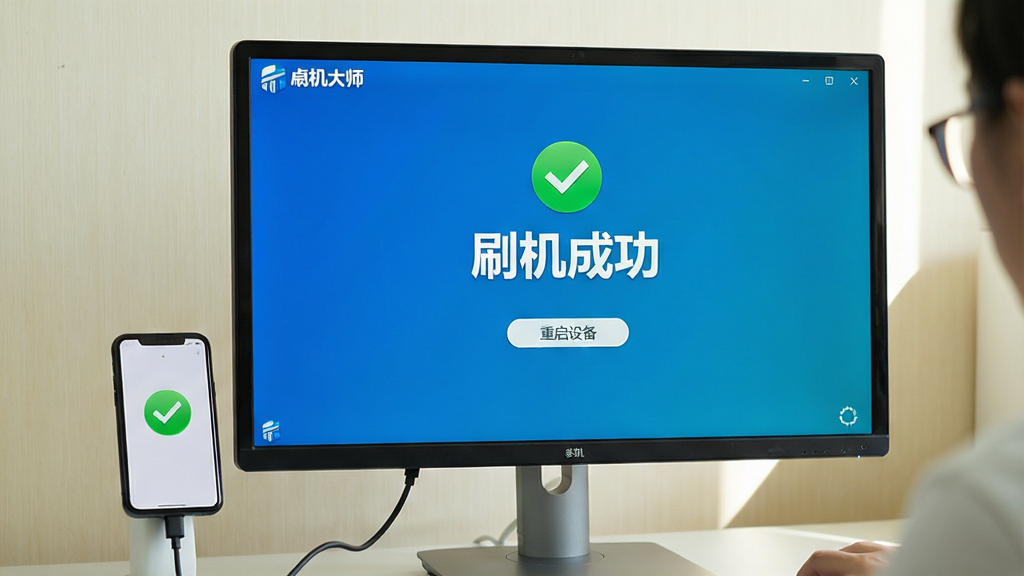 主体:用户正在使用刷机专家(卓大师)软件,电脑屏幕显示“刷机成功”字样,手机连接数据线,界面有绿色对勾图标。布局:电脑屏幕为主视觉,手机置于旁边。排版:屏幕中央大字显示“刷机成功”,下方有“重启设备”按钮。风格:明亮自然光,简洁办公桌面。细节:屏幕边缘有软件Logo,背景为浅色墙壁。画质:高清摄影风格,干净无多余元素。
