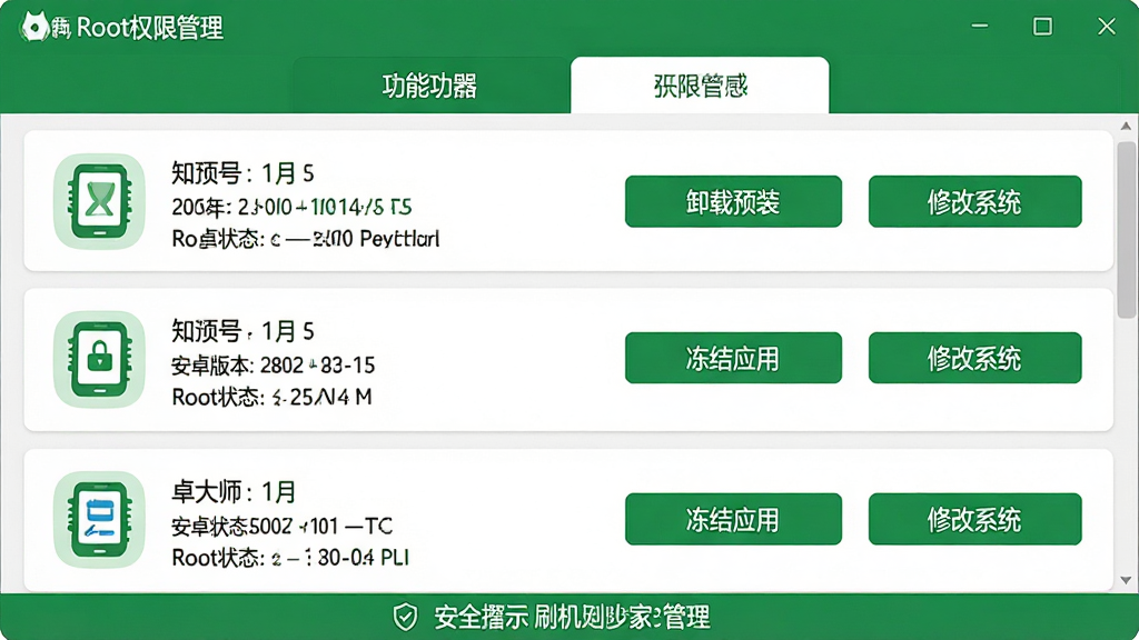主体:刷机专家(卓大师)软件的Root权限管理界面,显示已Root设备列表,每个设备旁有“卸载预装”“冻结应用”“修改系统”等操作按钮。布局:列表式排列,顶部为功能标签页。排版:图标加文字,行距适中。风格:简洁商务风,绿色与白色配色。细节:每个设备项显示型号、安卓版本、Root状态,底部有安全提示条。画质:高清渲染,无多余元素。