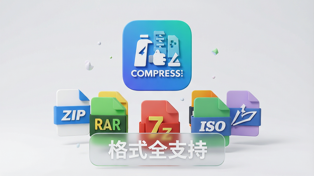 һ�Ŵ����Ʒ����չʾͼ��������ȫ��λѹ������ͼ�������ڶ����ļ���ʽͼ�꣨ZIP��RAR��7Z��ISO��֮�ϣ�ɫ����������ͼ���ĶԳƣ��·��а�͸������г�