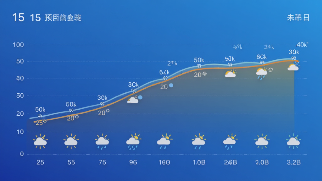 天气预报软件15日预报趋势图表,展示未来两周温度曲线与天气图标,背景为渐变蓝色调,数据可视化风格,图表线条流畅,界面简洁大方,高清画质,无多余元素
