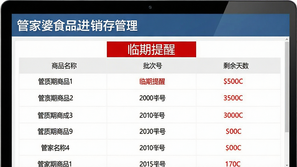 主体:管家婆食品进销存管理软件的保质期预警界面,布局:屏幕中心显示预警商品列表,包含商品名称、批次号、剩余天数,排版:列表式布局,重点信息用红色字体标注,风格:简洁商务,细节:屏幕上方有“管家婆食品进销存管理”字样,预警信息突出显示“临期提醒”,画质:高清,干净,无多余元素
