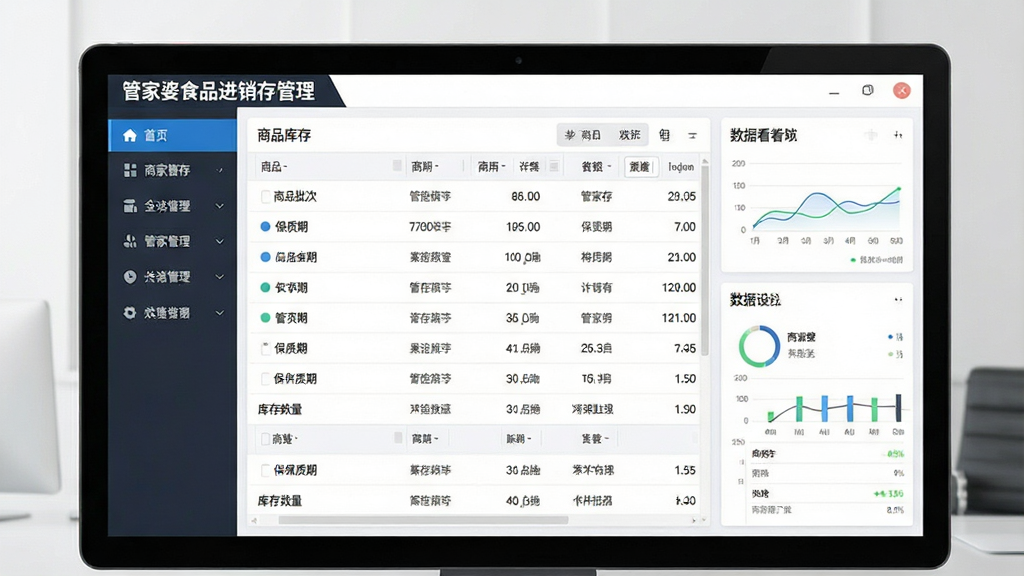 主体:管家婆食品进销存管理软件的主界面展示,布局:左侧功能导航栏,右侧为商品库存列表与数据看板,排版:清晰明了,功能模块分区合理,风格:现代商务、简洁明亮,细节:屏幕中显示“管家婆食品进销存管理”软件名称,界面包含商品批次、保质期、库存数量等数据,画质:高清,干净,无多余元素