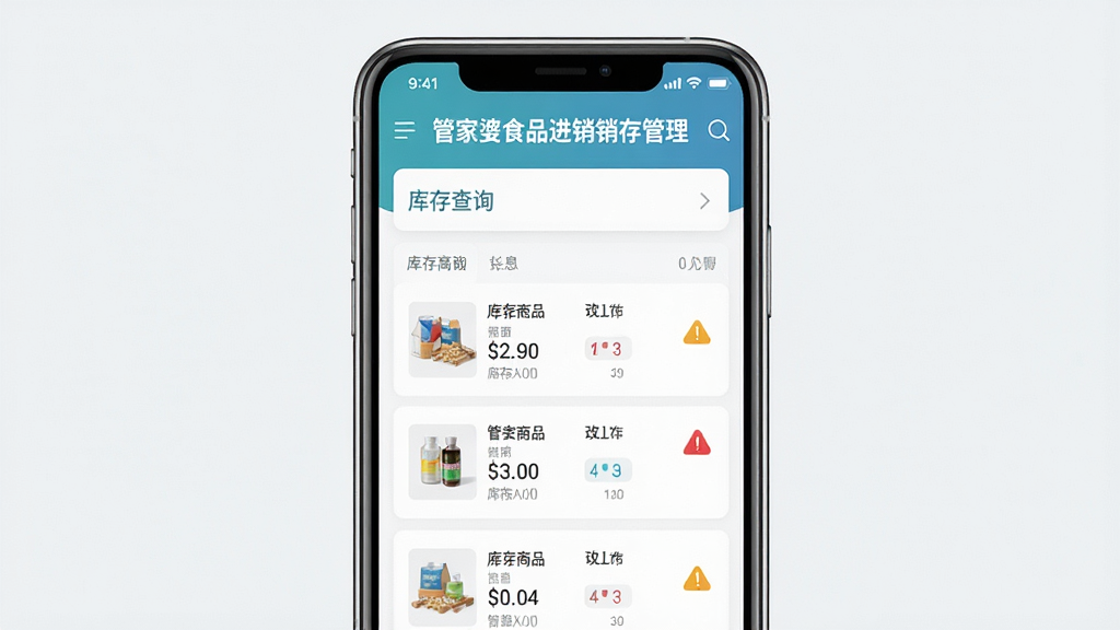 主体:手机屏幕展示管家婆食品进销存管理APP的界面,布局:手机居中,屏幕内显示库存查询功能,排版:移动端卡片式布局,风格:现代简约,细节:手机屏幕上方有“管家婆食品进销存管理”字样,下方显示库存商品列表和预警图标,画质:高清,干净,无多余元素