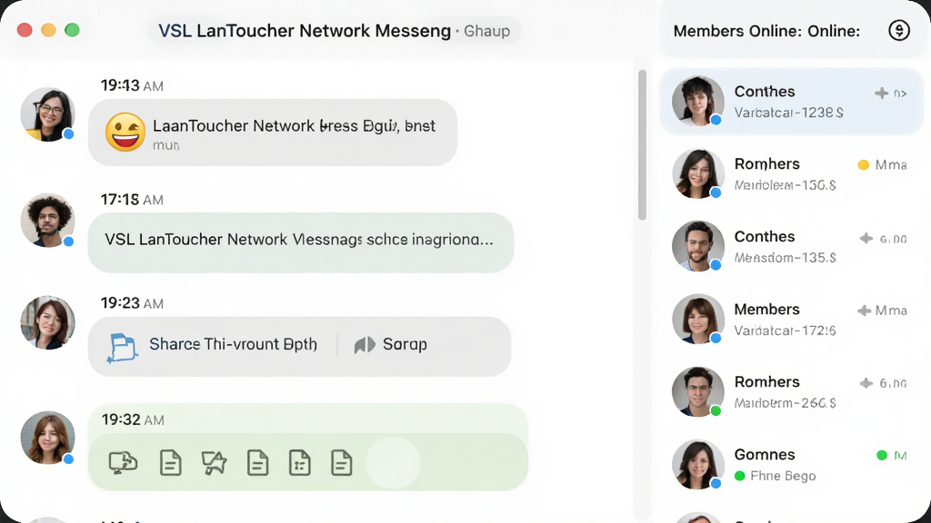 ���壺VSL LanToucher Network MessengȺ��������棬��ʾ���˶Ի������֣�Ⱥ���Ա�б����Ҳ࣬��Ϣ������ࡣ�Ű棺��Ϣ��ʱ�����У�ͷ��������������Բ�ǣ�ǳɫ������ϸ�ڣ���������ظ����ļ���������Ա����״̬�����ʣ����壬�ɾ����޶���Ԫ�ء�