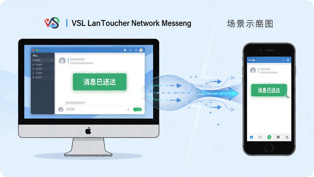 ���壺VSL LanToucher Network Messengʹ�ó���ʾ��ͼ��һ̨�������ֻ�ͬʱ�������������֣����Ϊ���ԣ��Ҳ�Ϊ�ֻ����м���ʾ���ݴ��䶯�����Ű棺�Ա����ԣ��豸��������񣺼��廭�磬ǳɫ������ϸ�ڣ��豸��Ļ����ʾ�������棬�С���Ϣ���ʹ���������ʣ����壬�ɾ����޶���Ԫ�ء�
