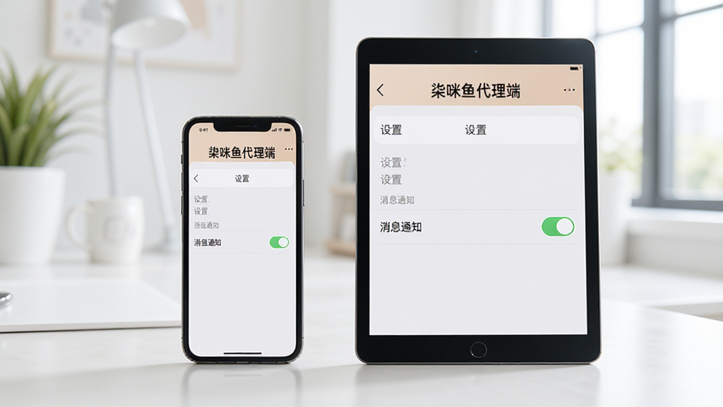 一部手机和一台平板电脑并排摆放,屏幕上都显示着“柒咪鱼代理端”的界面,画面聚焦在“设置”菜单中的“消息通知”开关选项,周围环境简洁明亮,展示多设备同步使用的场景,摄影风格,画质清晰,无多余元素