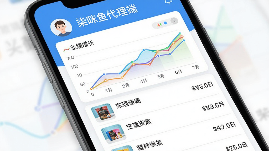 手机应用界面截图风格图片,上部显示“柒咪鱼代理端”字样和用户头像,中间是彩色折线统计图展示业绩增长,下方是整齐的订单列表,每条订单包含商品缩略图、名称和金额,界面采用蓝白配色,扁平化设计风格,UI元素干净利落,高画质,无多余元素