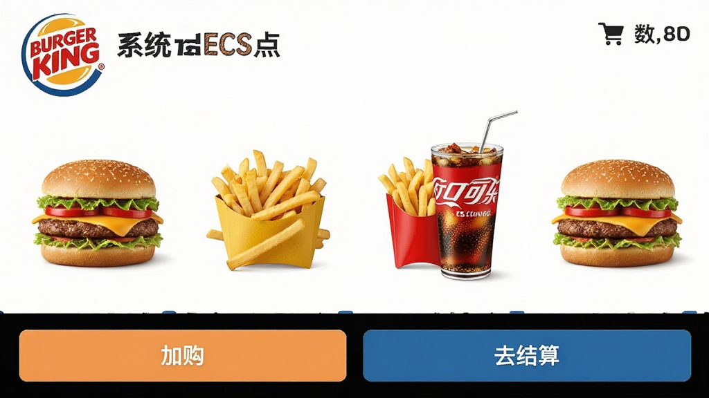一张展示汉堡王ECS系统点餐界面的截图,界面中包含汉堡、薯条、可乐等产品图片,下方有“加购”、“去结算”按钮,右上角显示购物车数量,整体风格明亮,食物图片诱人,界面布局清晰,画质干净,无多余元素