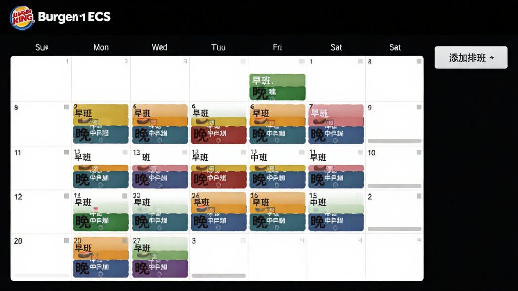 一张展示汉堡王ECS系统排班界面的截图,界面为日历样式,不同员工用不同颜色色块表示,可直观看到早班、中班、晚班安排,右侧有“添加排班”按钮,整体风格简洁,色彩分明,画质干净