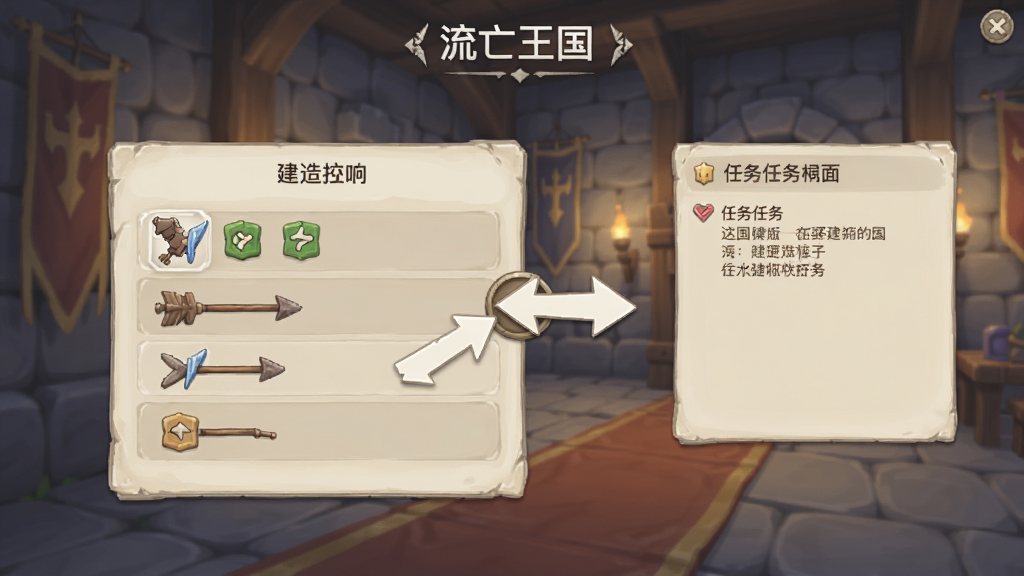 《流亡王国》新手引导界面,展示建造菜单和任务提示,画面中有箭头指示点击位置,背景是城堡内部,UI简洁清晰,画质柔和,干净无多余元素