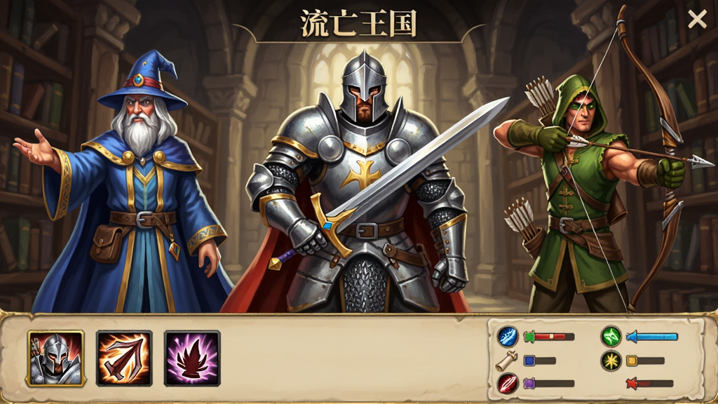 《流亡王国》英雄界面,展示三位英雄的立绘,中间是持剑的骑士,左边是法师,右边是弓箭手,背景为古老的图书馆,界面底部有英雄技能图标和属性面板,画风精美,角色细节丰富,色彩鲜明,干净无多余元素