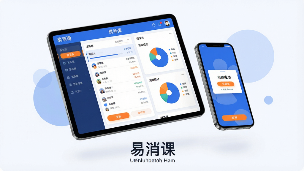 主体:易消课软件界面展示,一台平板电脑和一部手机并排悬浮于浅色背景上,屏幕内清晰显示“易消课”课程列表与消课统计图表。布局:平板在左,手机在右,两者呈45度倾斜,屏幕内容朝向前方,背景留白干净。排版:画面中心为设备,左右两侧有若隐若现的圆形色块点缀,底部有“易消课”中英文标识。风格:现代商务科技感,扁平化插画风格,色彩以蓝白为主,辅以橙色高亮按钮。细节:屏幕内数据条、饼图清晰可辨,手机屏幕显示“消课成功”提示弹窗。画质:8K超清,细节丰富,画面干净,无多余元素。