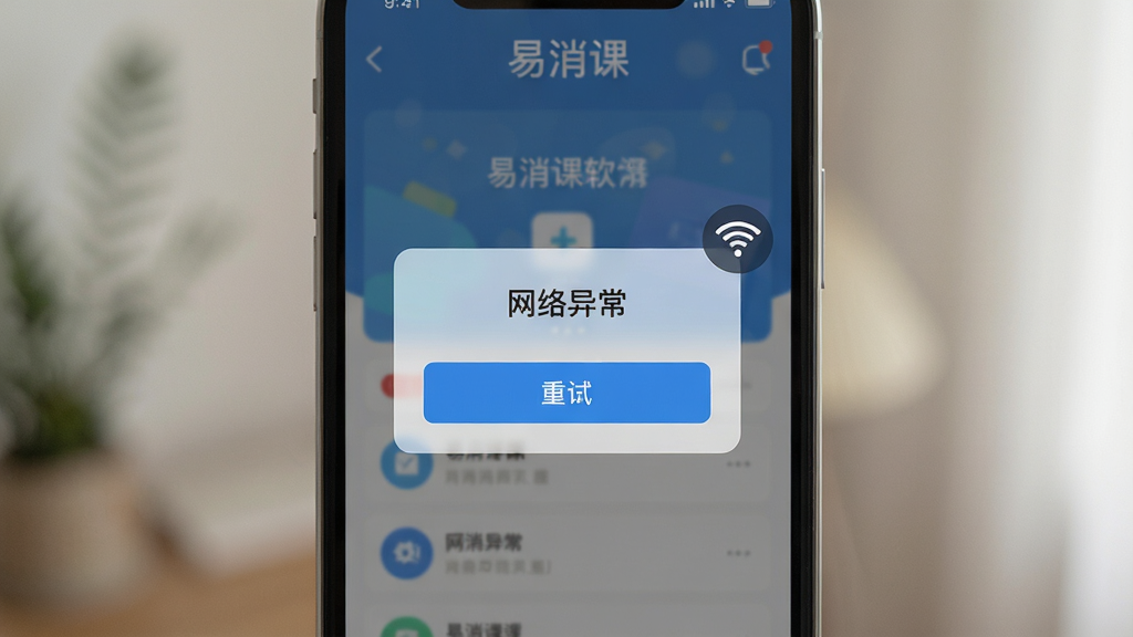 主体:易消课软件在手机上的运行状态,手机屏幕显示“网络异常”提示框和“重试”按钮,旁边有Wi-Fi图标。布局:手机居中,屏幕内弹出半透明提示框,背景为主界面模糊效果。风格:写实风格,光线柔和,色彩自然。细节:提示框文字清晰,按钮为蓝色,背景主界面可辨认出“易消课”字样。画质:高清,细节到位,画面干净,无多余元素。