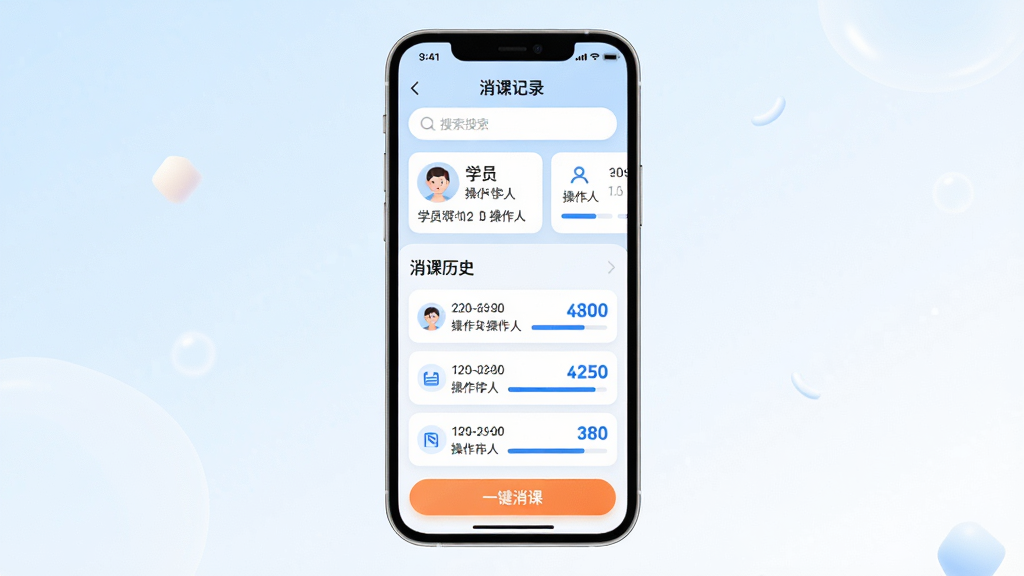 主体:易消课软件“消课记录”功能界面,以手机竖屏形式展示,屏幕内显示学员列表、消课时间轴和剩余课时数字。布局:手机居中,屏幕内从上到下依次为搜索栏、学员卡片、消课历史列表,底部有“一键消课”橙色按钮。风格:清爽的浅蓝白渐变背景,卡片式设计,圆角矩形,图标线条流畅。细节:消课记录每条带有时间戳和操作人,剩余课时数字用加粗蓝色显示,并有进度条。画质:高清渲染,色彩柔和,画面干净,无多余元素。