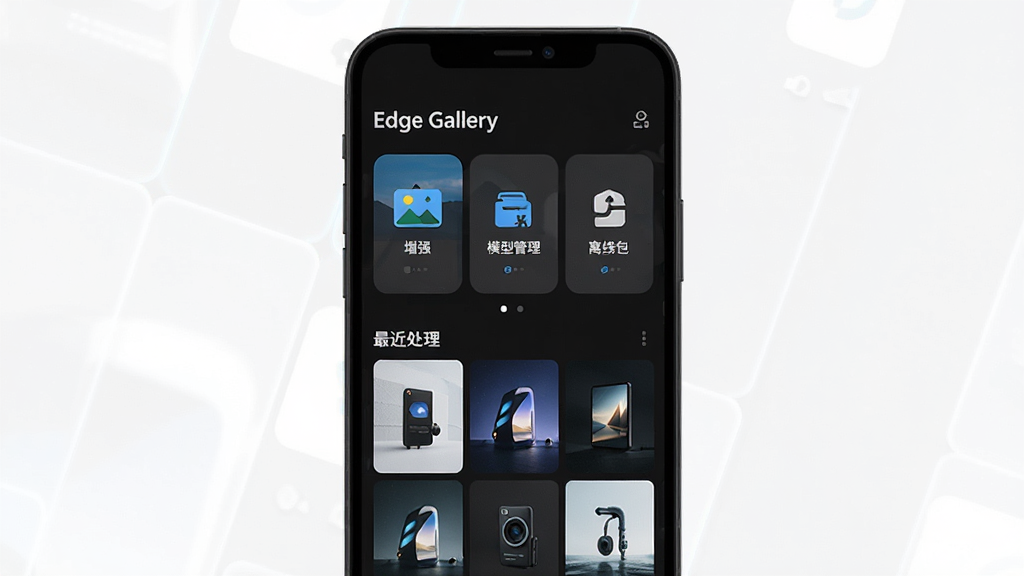 Edge Gallery 应用主界面展示,手机屏幕内呈现简洁的深色主题UI,上方显示“Edge Gallery”品牌字样,中间有图像增强、模型管理、离线包三个核心功能卡片,下方是最近处理的作品缩略图网格,整体布局清爽,科技感强,画质高清,干净无多余元素。