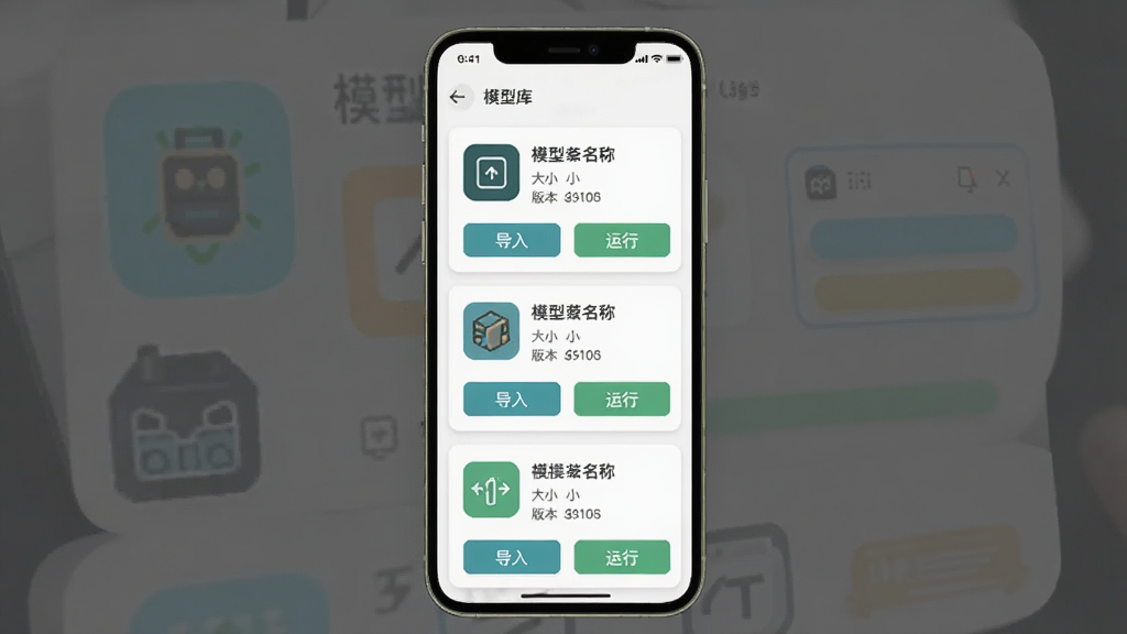 Edge Gallery 模型管理界面,手机竖屏展示模型库列表,每个模型卡片上有模型名称、大小、版本号以及“导入”和“运行”按钮,界面采用卡片式布局,色彩清新,图标简洁,画面清晰,干净无多余元素。