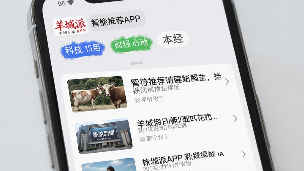 羊城派APP的智能推荐功能界面,手机屏幕中显示个性化新闻列表,包含科技、财经、本地等分类标签,背景为浅灰色,界面简洁,风格为现代移动应用截图,排版整齐,细节清晰,画质高清,干净无多余元素