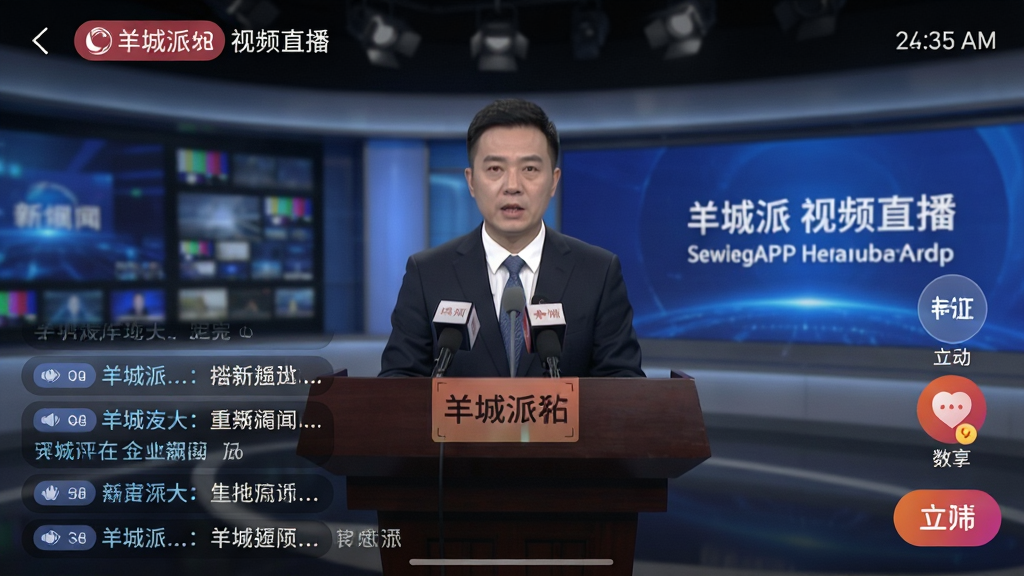 羊城派APP视频直播页面,正在播放一场新闻发布会,画面下方有评论弹幕滚动,右侧有互动按钮,背景为演播室,风格为新闻直播截图,排版专业,细节丰富,画质高清,干净无多余元素