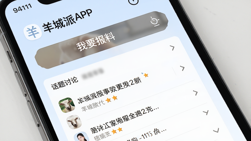 羊城派APP的报料入口界面,手机屏幕上有“我要报料”按钮,下方为话题讨论列表,背景为淡蓝色,风格为移动端交互设计,排版清晰,细节完整,画质高清,干净无多余元素