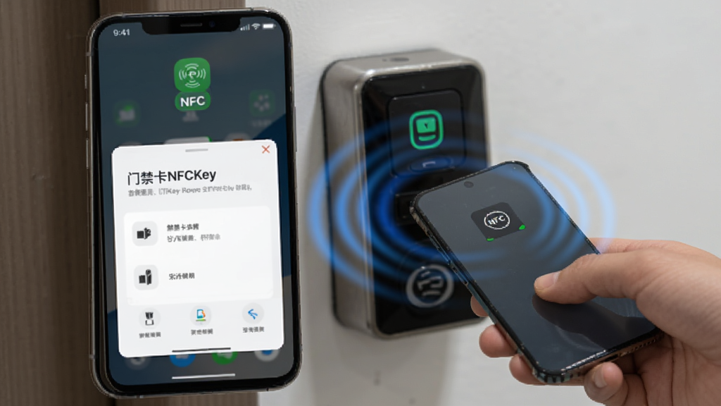 门禁卡NFCKey软件在手机后台运行的截图,手机屏幕显示NFC已开启的图标,背景为模糊的楼道门禁读卡器,用户正手持手机靠近读卡器,画面有动态感应波纹,突出“门禁卡NFCKey”的界面悬浮窗,风格写实,画质干净