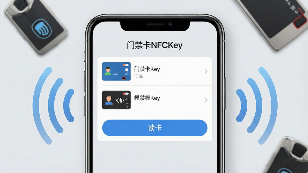 一张智能手机屏幕显示门禁卡NFCKey软件主界面,界面顶部有“门禁卡NFCKey”字样,下方展示卡片模拟列表、读卡按钮和写卡按钮,整体布局简洁,背景为浅灰色,主体为手机特写,周围有门禁卡和NFC信号波纹装饰,风格现代科技感,画质清晰干净无多余元素