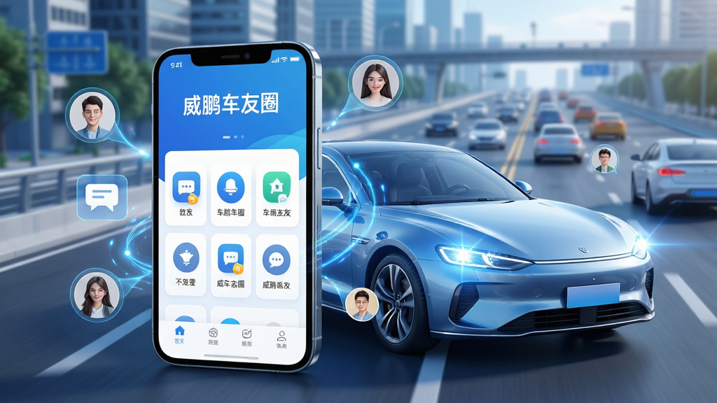 主体:一辆时尚汽车与手机界面融合,手机屏幕显示“威鹏车友圈”社区界面,周围有车友互动图标。布局:手机位于画面中央偏左,汽车从屏幕后方延伸向右,背景是城市道路与车流。排版:手机屏幕内容清晰可见,包括“威鹏车友圈”字样和功能图标,整体层次分明。风格:现代科技感,明亮通透,色彩以蓝色和白色为主。细节:汽车前灯闪烁,屏幕有动态光效,车友头像浮现在周围。画质:高清渲染,干净,无多余元素。