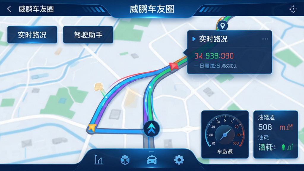 主体:“威鹏车友圈”路况导航界面,地图上显示彩色路线,有“实时路况”和“驾驶助手”按钮。布局:地图占满屏幕,右下角有车速表和油耗数据卡片。排版:路况信息以弹窗形式展示,底部有功能图标栏。风格:科技蓝调,数据可视化。细节:路线有动态流动效果,车辆位置用箭头图标显示。画质:高清晰度,干净,无多余元素。