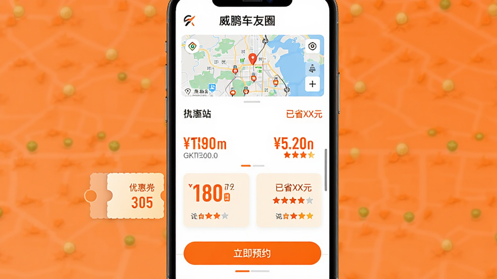 主体:“威鹏车友圈”优惠加油界面,显示附近加油站列表,有油价和优惠信息。布局:列表上方有地图缩略图,下方有“立即预约”按钮。排版:油价以醒目颜色显示,优惠券以卡片形式滑动。风格:商业简约,橙色点缀。细节:有“已省XX元”统计,加油站评分显示。画质:高清,干净,无多余元素。