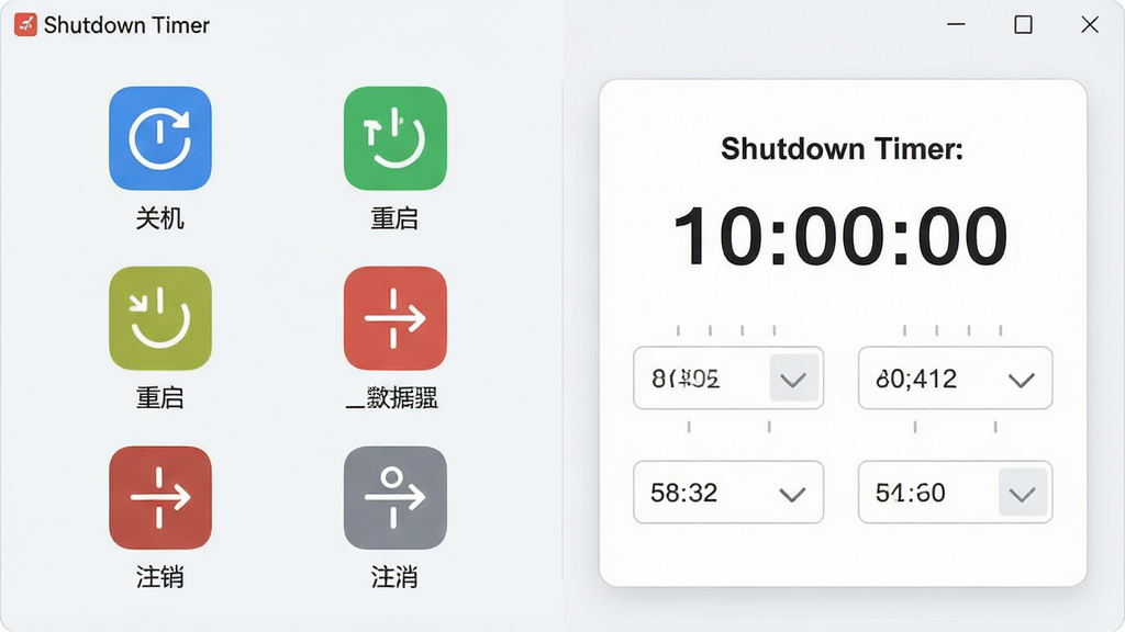 主体:Shutdown Timer软件功能展示图,左侧列出“关机”“重启”“注销”等图标,右侧显示倒计时设置面板。布局:左右对称,功能图标排列整齐。排版:图标下方配文字说明,清晰易读。风格:现代简约,浅色背景。细节:每个图标颜色不同,面板上有数字输入框。画质:高清,干净,无多余元素