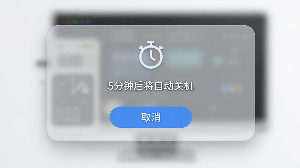 主体:Shutdown Timer软件提示弹窗,显示“5分钟后将自动关机”文字和“取消”按钮。布局:弹窗居中,背景半透明。排版:文字居中,按钮在下方。风格:柔和配色,圆角设计。细节:弹窗带有倒计时图标,按钮为蓝色。画质:高清,干净,无多余元素