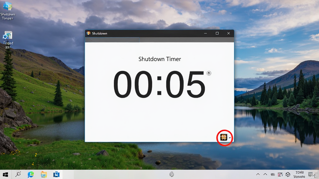 主体:Shutdown Timer软件在Windows桌面上运行的实拍图,屏幕显示主界面和系统托盘图标。布局:桌面背景为风景图,软件窗口居中。排版:窗口内时间数字突出。风格:真实摄影风格。细节:托盘区域有红色圆圈标记软件图标。画质:高清,干净,无多余元素