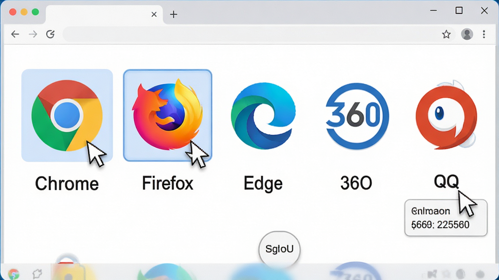 主体:网页密码查看精灵的浏览器兼容界面,一排浏览器图标(Chrome、Firefox、Edge、360、QQ)排列。布局:横向排列图标,每个图标下方标注浏览器名称。排版:图标大小统一,名称清晰。风格:扁平化,色彩鲜明。细节:鼠标悬停在图标上会高亮,点击后显示对应浏览器的密码数量。画质:高清,干净,无多余元素。