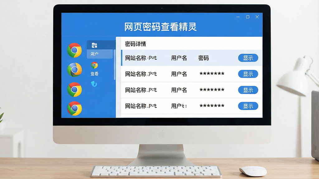 主体:电脑屏幕前展示“网页密码查看精灵”主界面,界面左侧列出浏览器图标,右侧显示密码列表。布局:左右分栏,左侧为浏览器选择区,右侧为密码详情区。排版:界面整洁,文字清晰,标题“网页密码查看精灵”位于顶部。风格:现代扁平化设计,蓝色主调。细节:密码列表显示网站名称、用户名、密码,密码以星号掩码显示,点击“显示”按钮后转为明文。画质:高清,干净,无多余元素。