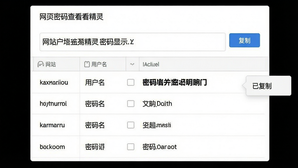 主体:网页密码查看精灵的密码显示界面,密码明文显示,旁边有“复制”按钮。布局:表格布局,每行显示网站、用户名、密码,密码明文展示。排版:表格清晰,密码字体加粗。风格:简洁商务,白色背景。细节:点击“复制”按钮后出现“已复制”提示。画质:高清,干净,无多余元素。